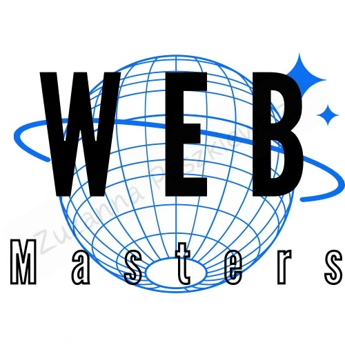 Globus z kreską na środku w kolorze niebieskim. Na środku napis Web Master